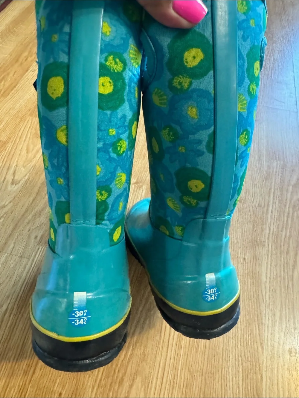Bogs Kids Teal Floral Grip-Handle Rain Boots
